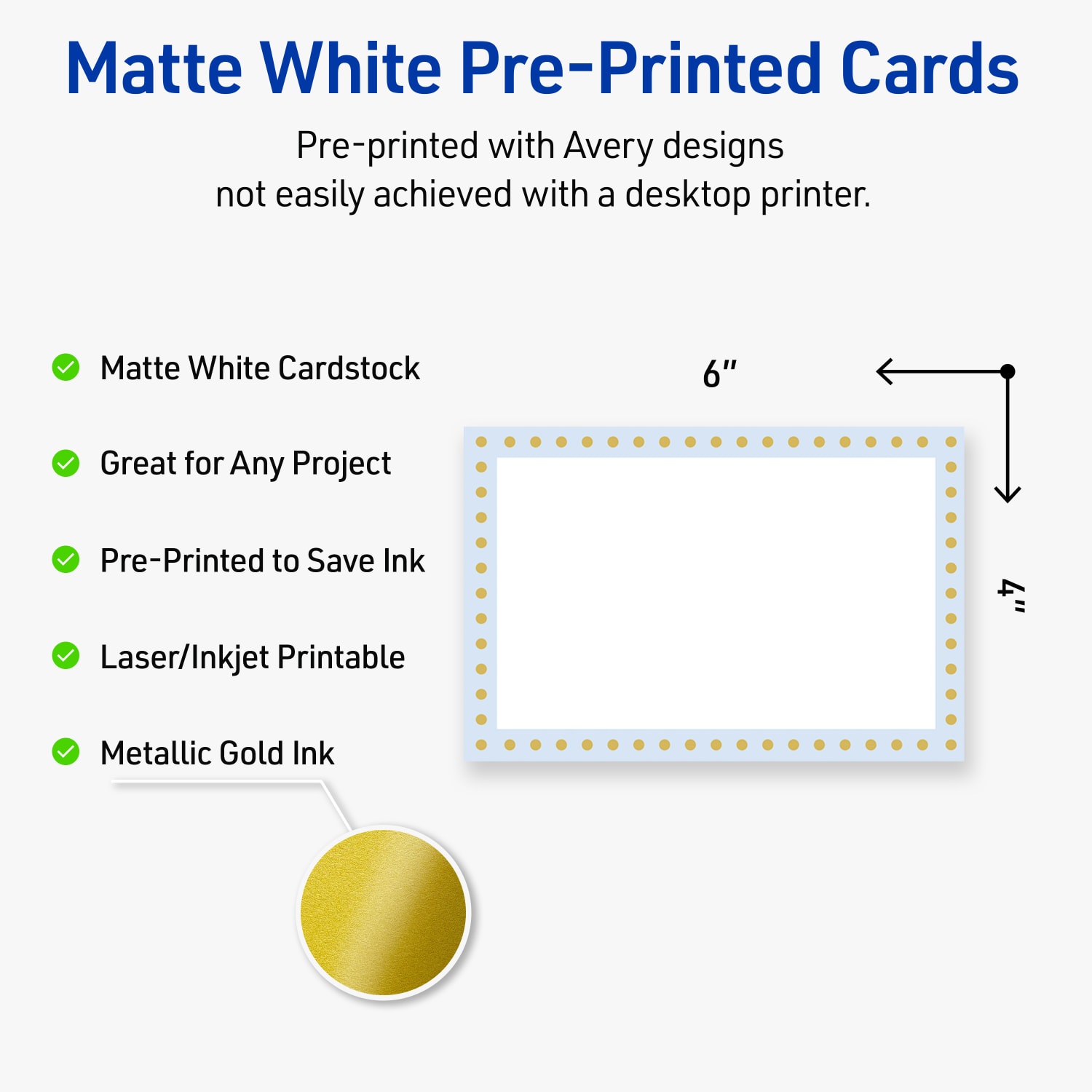 Avery Printable Postcards With Sure Feed Technology, 4in x 6in, Matte White With Gold Dots/Blue Border Design, Pack Of 20 - Image 4