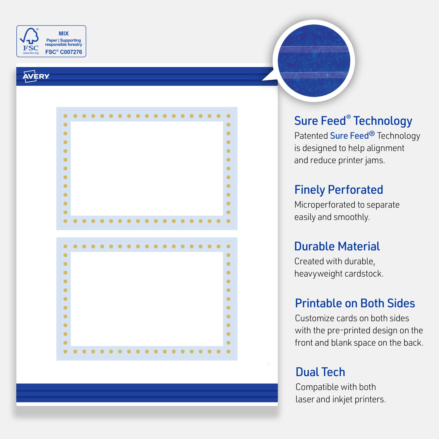 Avery Printable Postcards With Sure Feed Technology, 4in x 6in, Matte White With Gold Dots/Blue Border Design, Pack Of 20 - Image 5