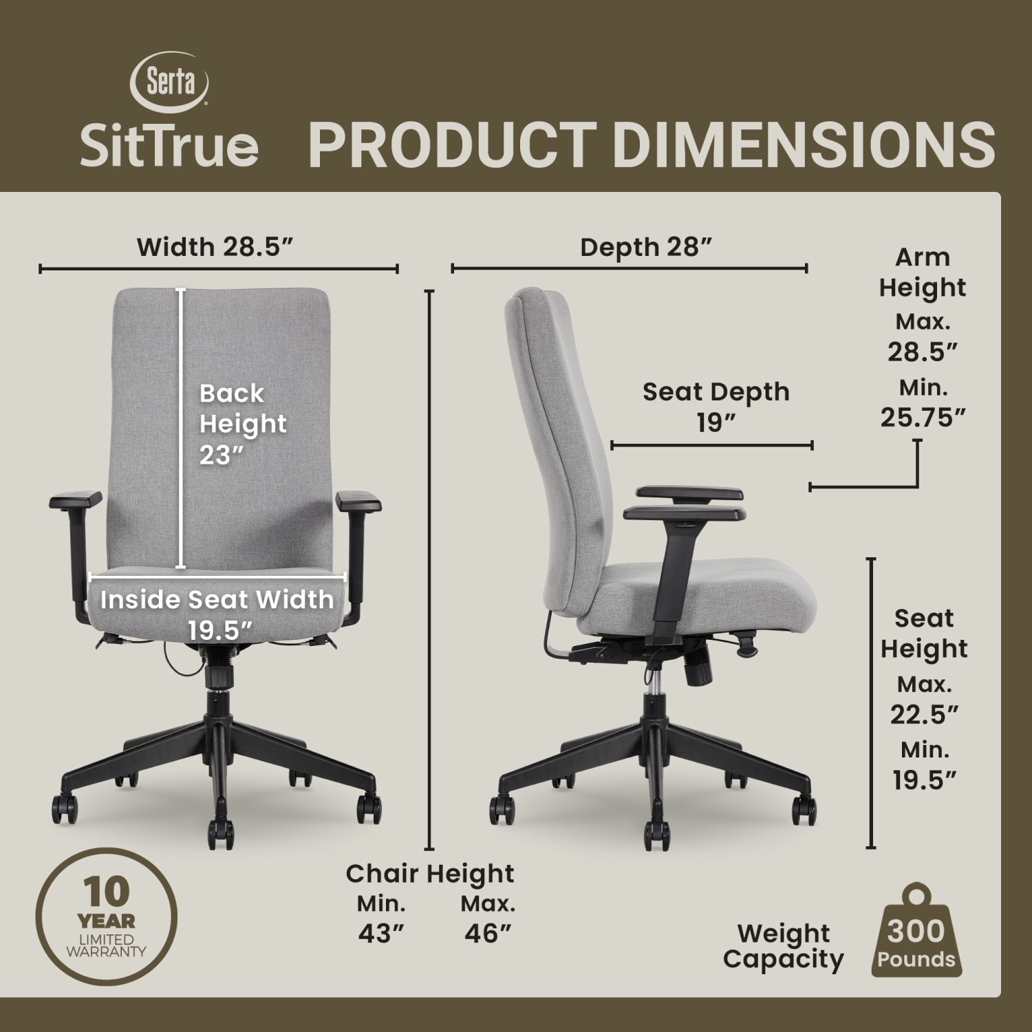 Serta Commercial Eco-2000 High-Back Ergonomic Fabric Chair, Gray - Image 6