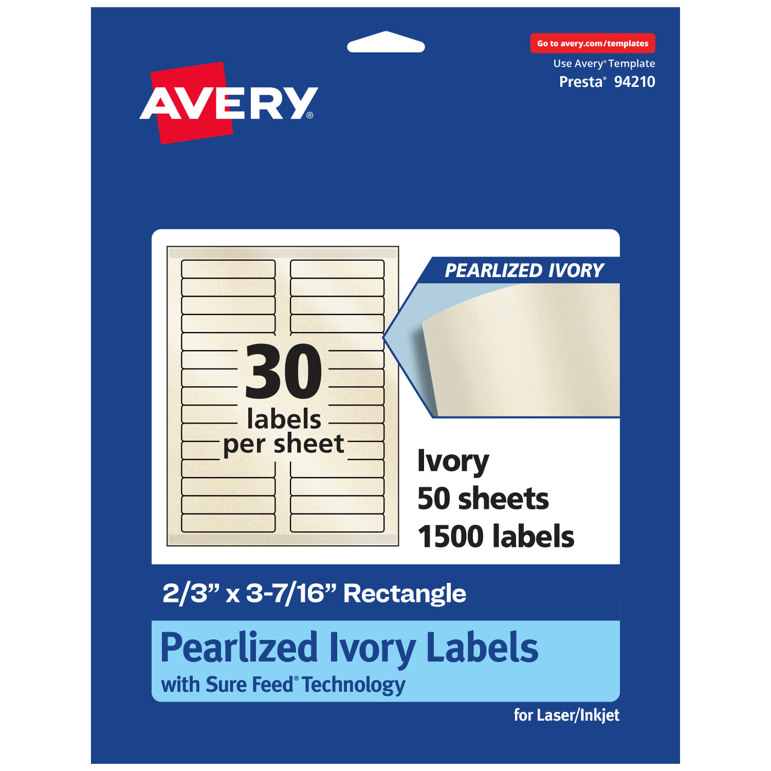 Avery Pearlized Permanent Labels With Sure Feed, 94210-PIP50, Rectangle, 2/3in x 3-7/16in, Ivory, Pack Of 1,500 Labels