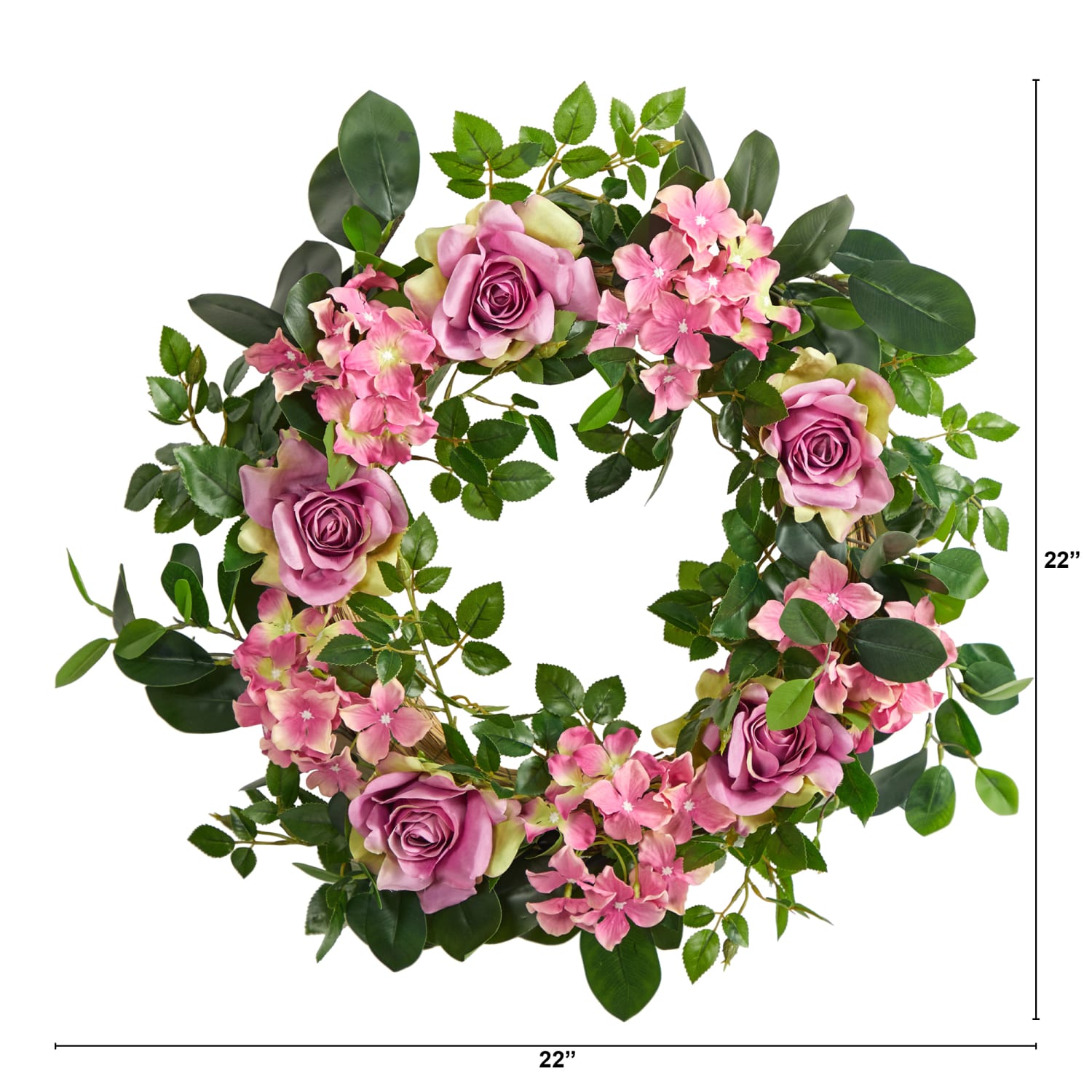 Nearly Natural Hydrangea and Rose 22inH Artificial Wreath, 22inH x 22inW x 5inD, Pink - Image 3