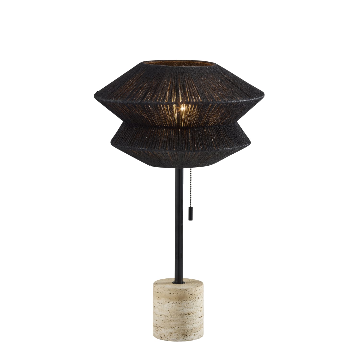 Adesso Gardner Table Lamp, 24-1/2inH, Black Shade/Travertine Base