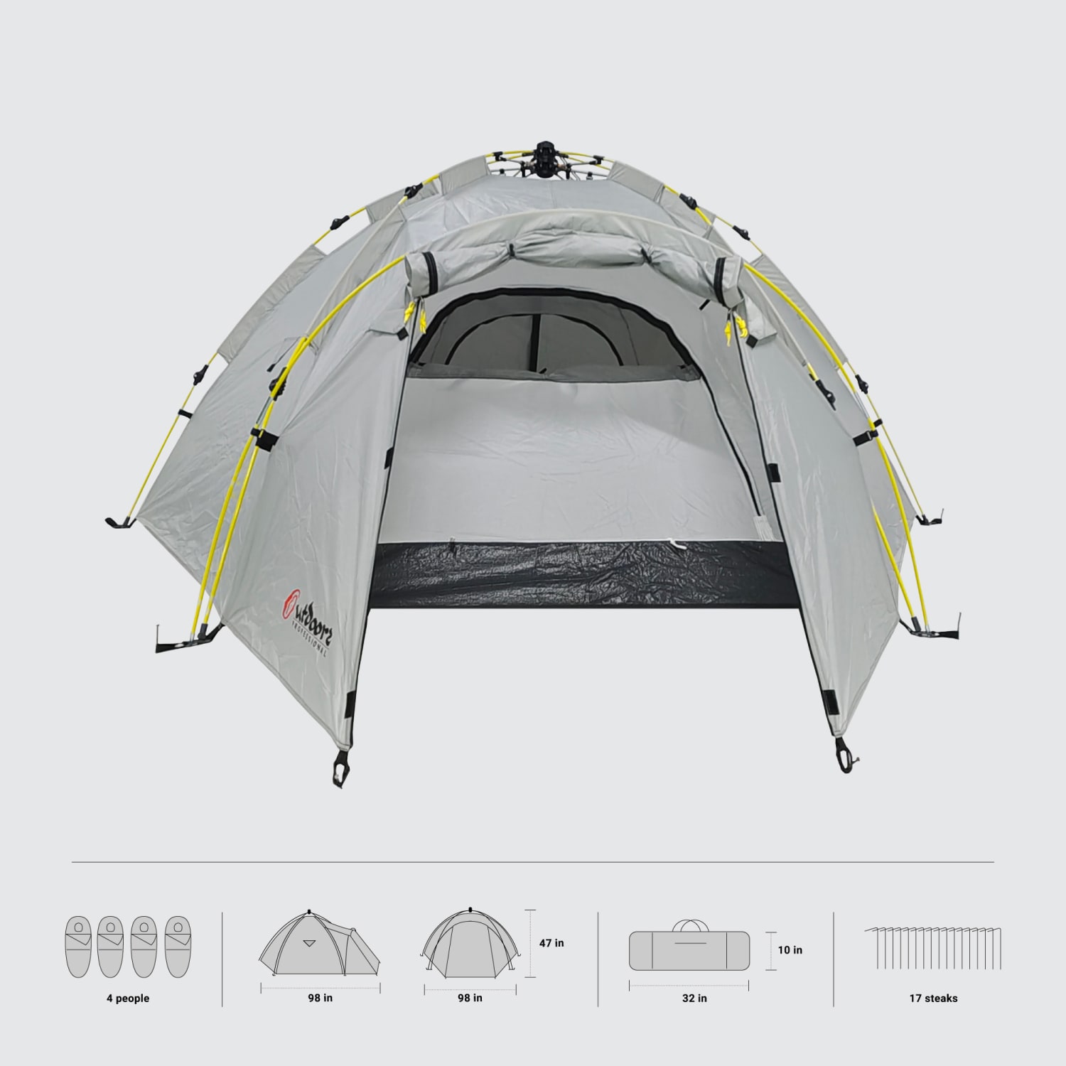 Outdoors Professional Nowata 4 4-Person Pop-Up Dome Camping Tent, 47inH x 114inW x 98inD, Gray - Image 5