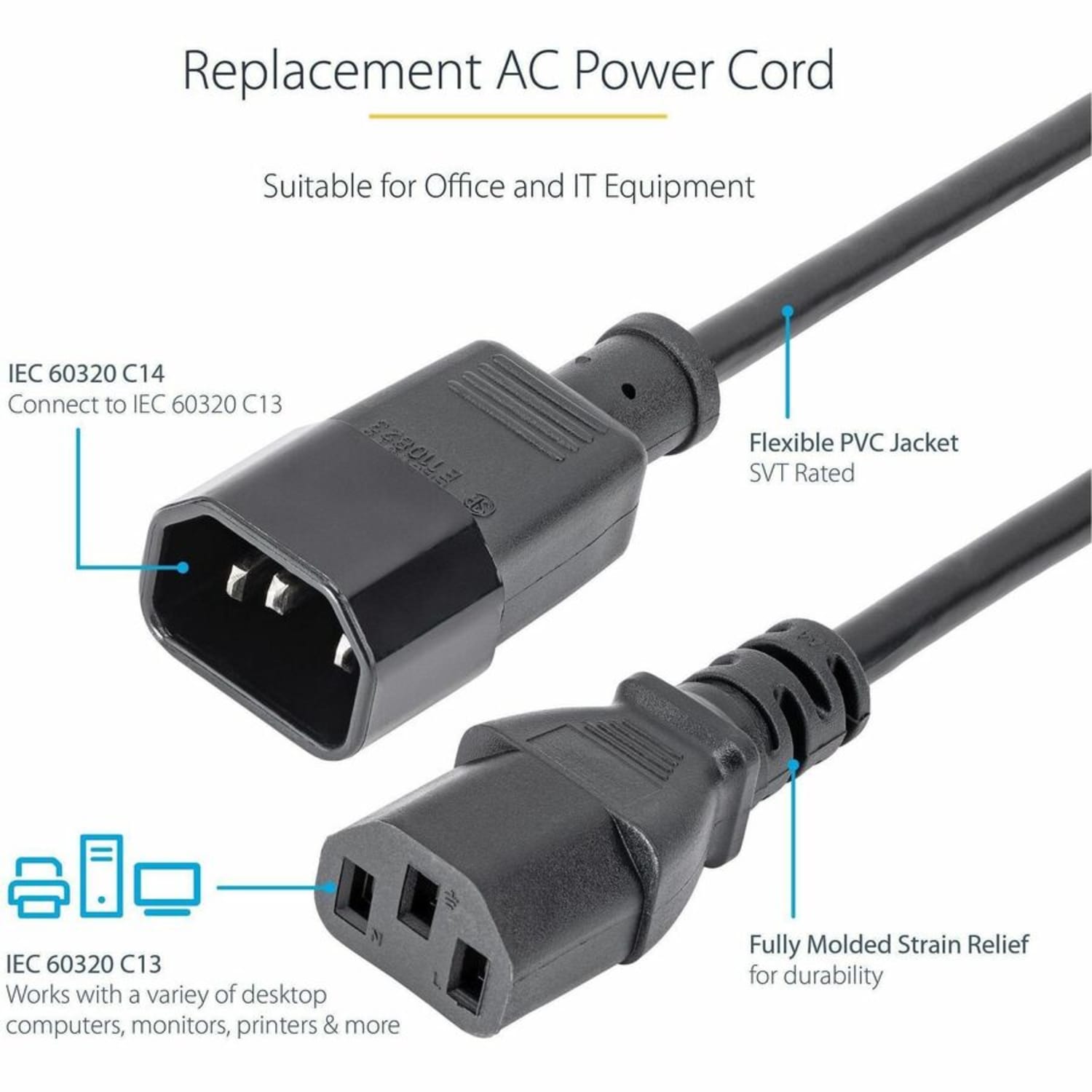 StarTech.com 3ft (1m) Power Extension Cord, C14 to C13, 10A 125V, 18AWG, Computer Power Cord Extension, Power Supply Extension Cable - Image 6