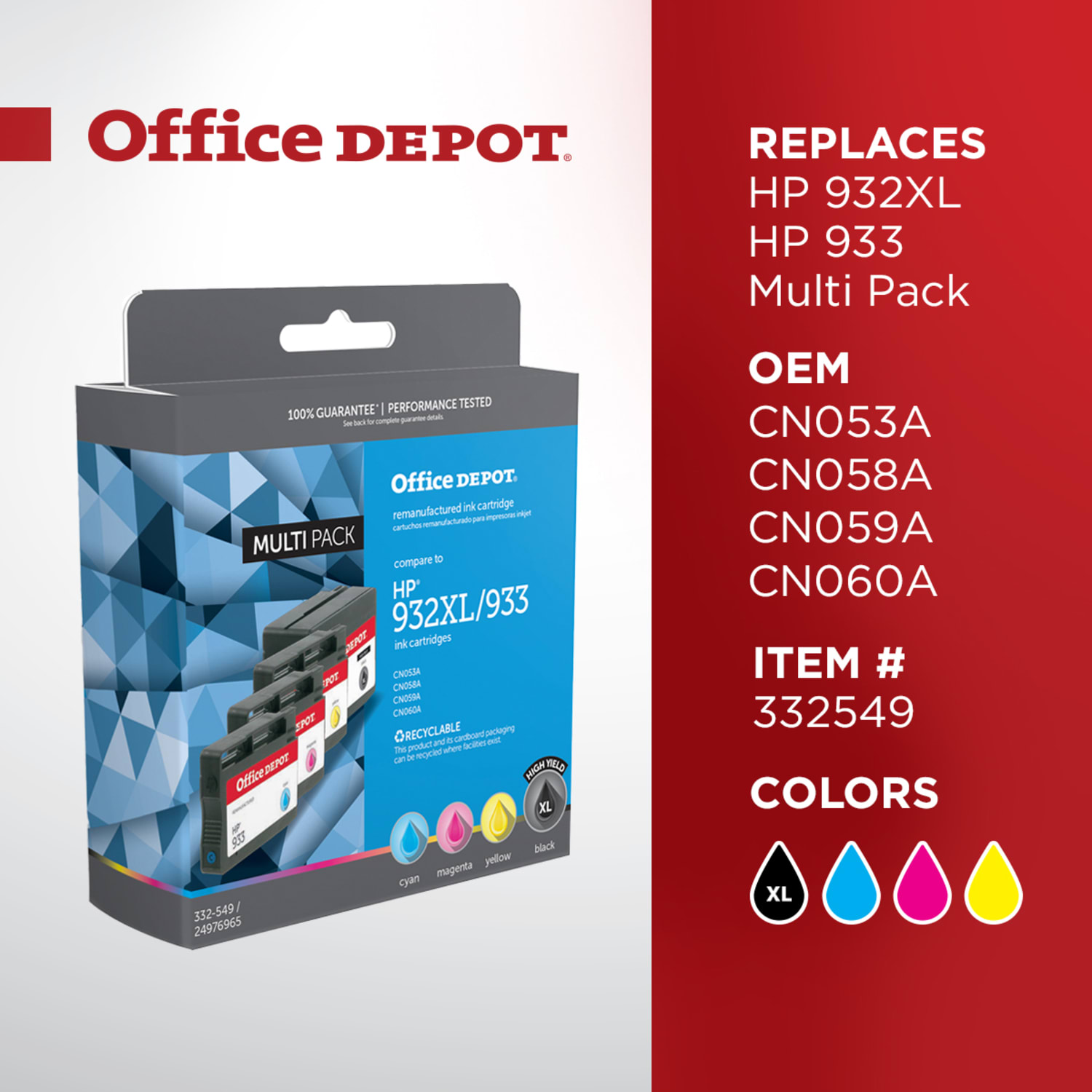 Office Depot Remanufactured Black; Cyan; Magenta; Yellow High-Yield Ink Cartridge Replacement For HP 932XL, 933, Pack Of 4 - Image 6