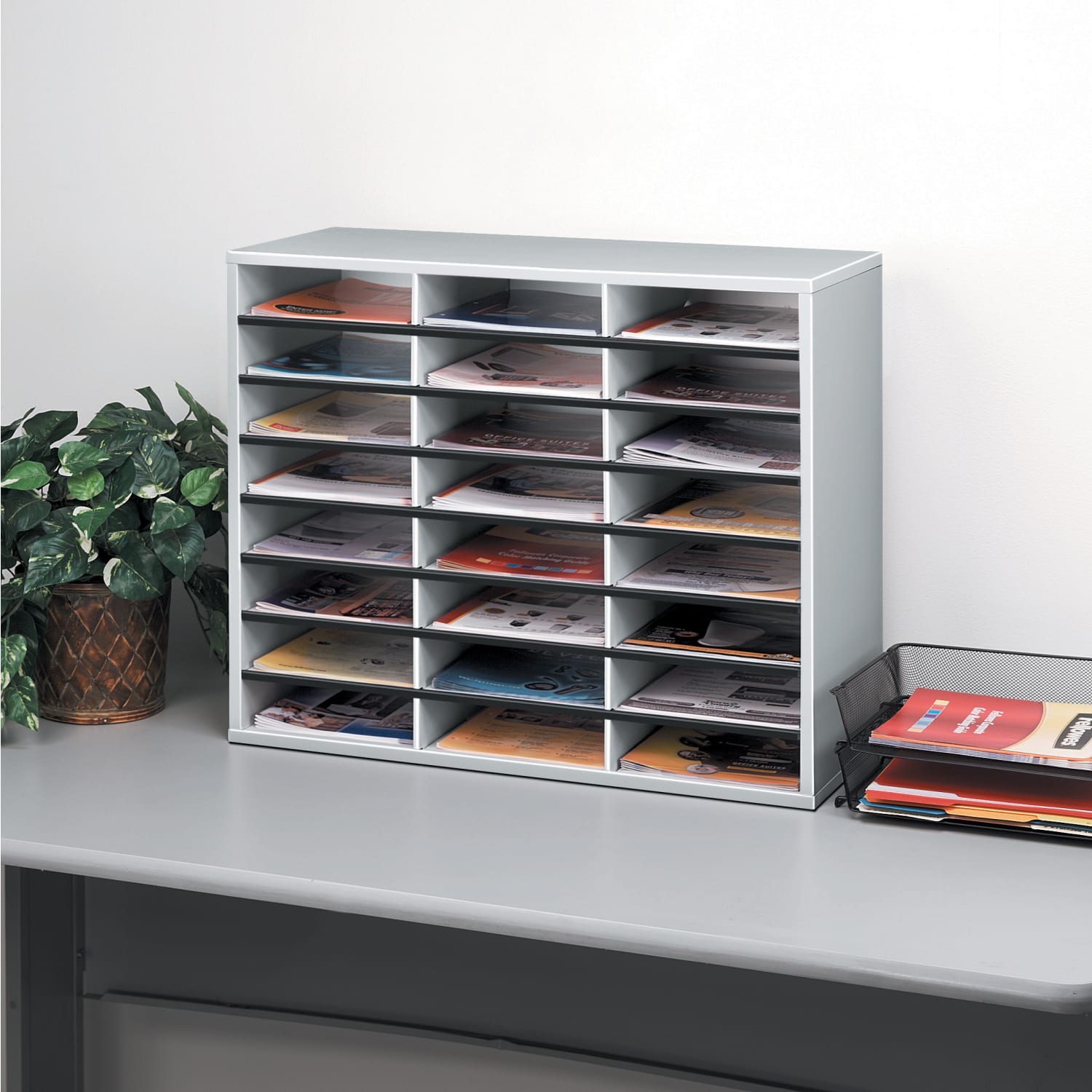 Fellowes Literature Organizer, 24 Compartments, 23 7/16inH x 29 7/16inW x 11 7/8inD, Dove Gray - Image 4