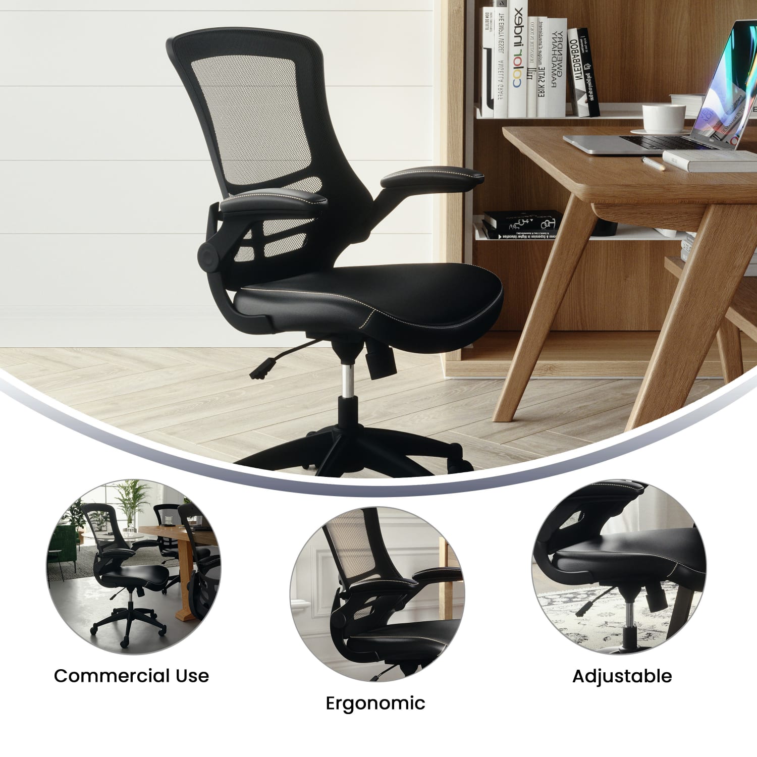 Flash Furniture LeatherSoft Faux Leather Mid-Back Swivel Chair With Flip-Up Arms, Black - Image 5