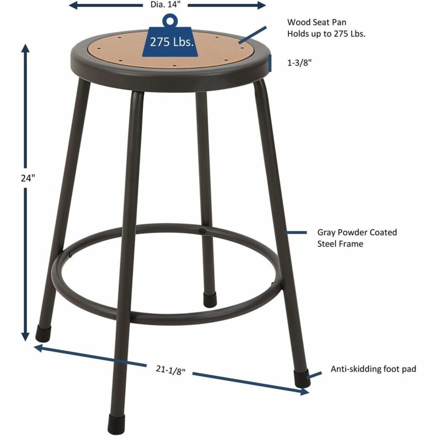 Lorell Metal Shop Stool - Wood, Medium Density Fiber (MDF) Seat Material - Light Gray - Metal - 1 Each - Image 4
