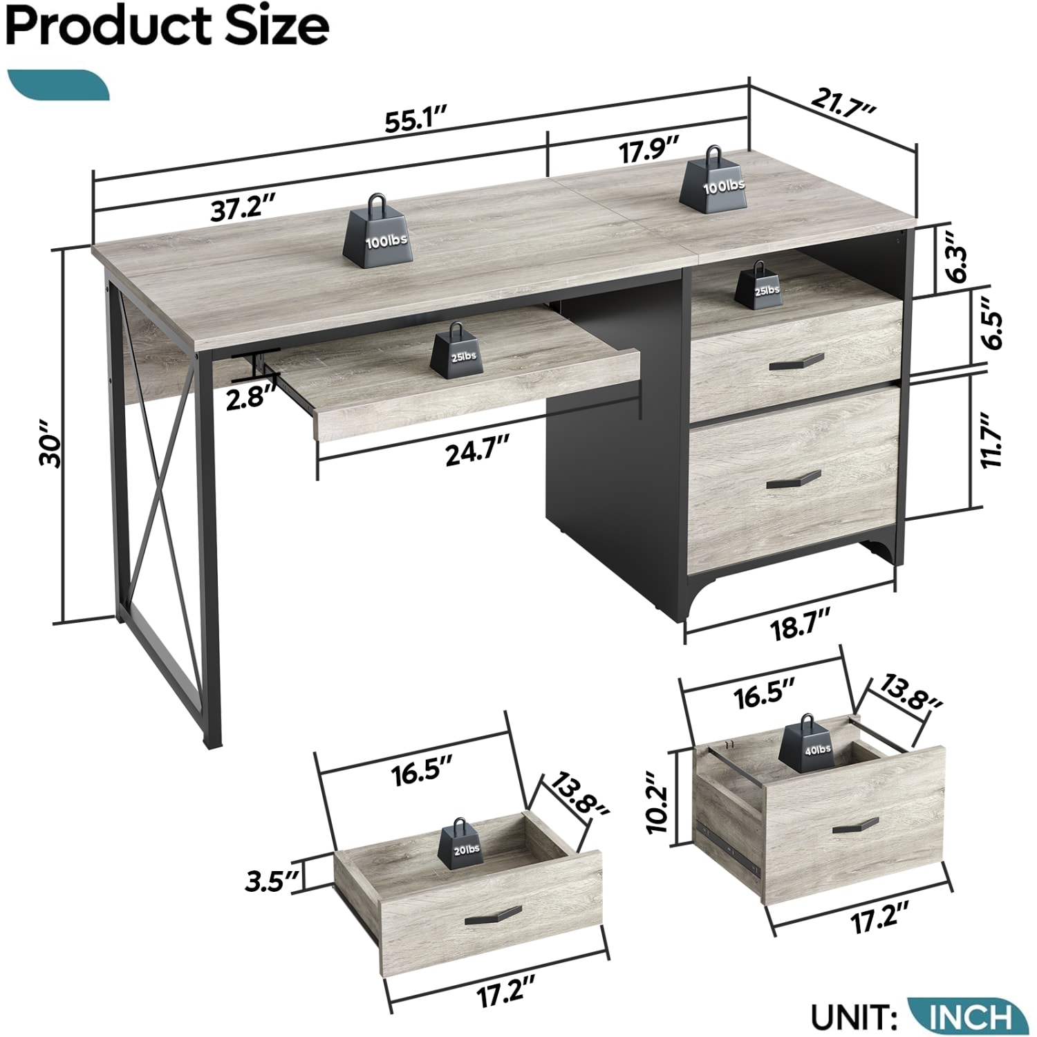 Bestier 56inW Office Desk With Drawers & Tray, Retro Gray Oak Light - Image 5