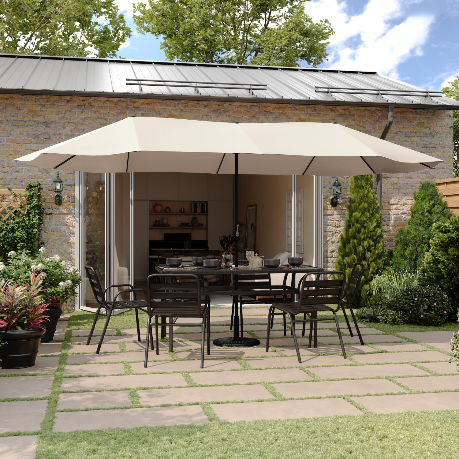 Flash Furniture Elizabeth Commercial Grade 15 FT Triple Head Patio Umbrella with Crank and Easy Lift Functionality, Tan