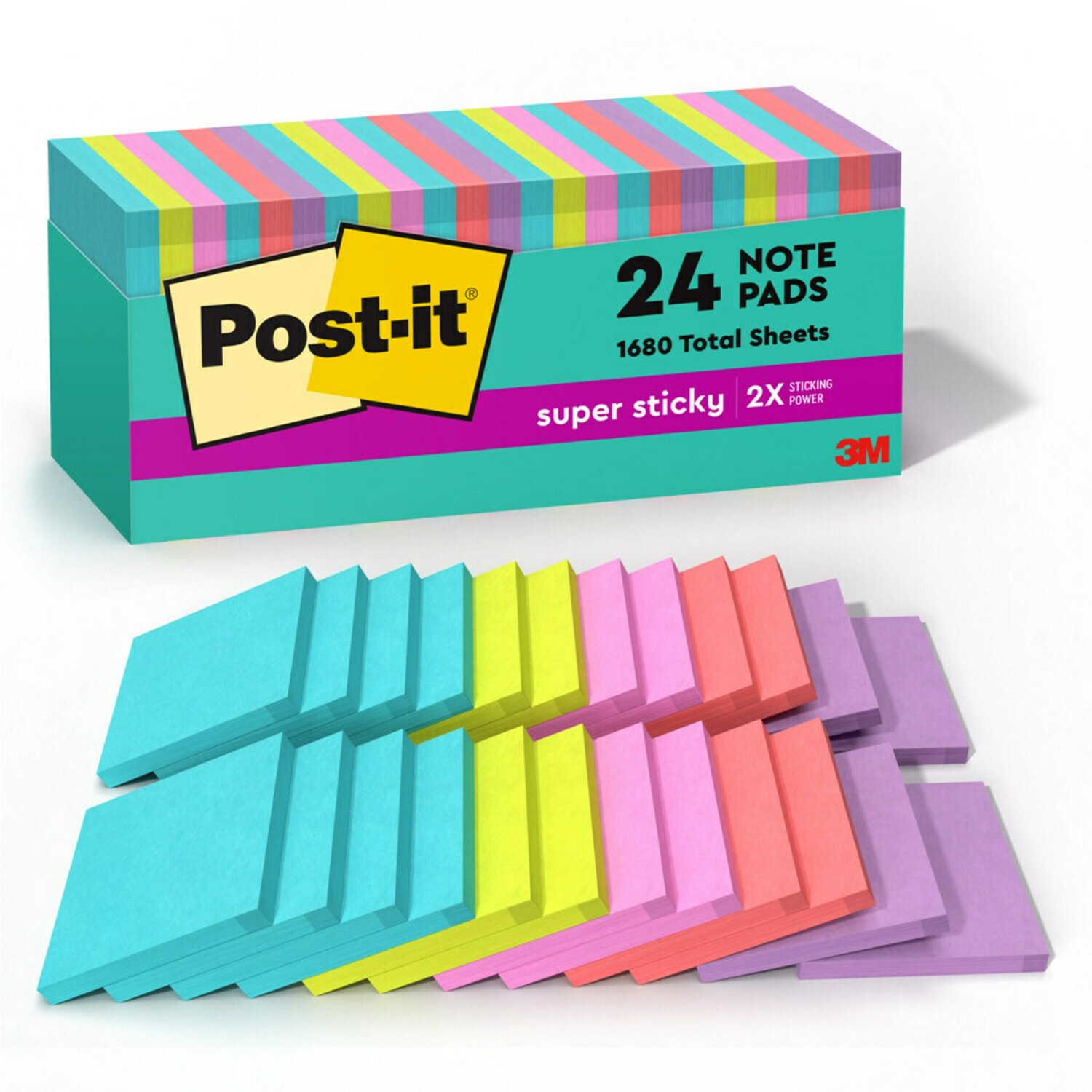 Post-it Super Sticky Notes, 3 in x 3 in, 24 Pads, 70 Sheets/Pad, 2x the Sticking Power, School and Office Supplies, Supernova Neons