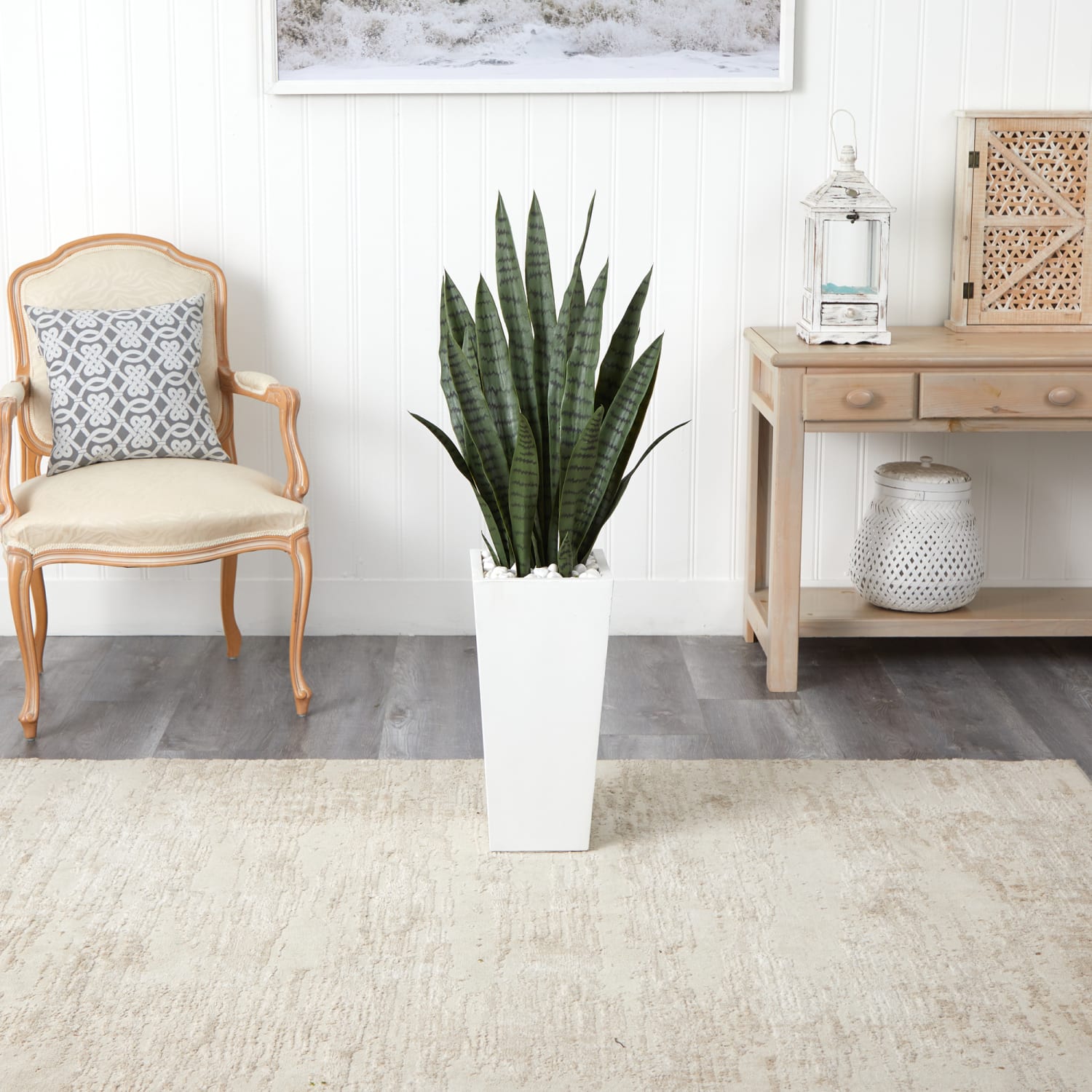 Nearly Natural Sansevieria 48inH Artificial Plant With Tower Planter, 48inH x 10inW x 10inD, Green/White - Image 4