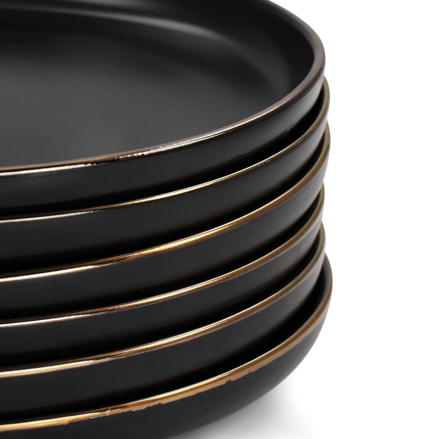 Elama Paul 6-Piece Round Stoneware Dinner Plate Set, 10-3/4in, Matte Black/Gold - Image 4