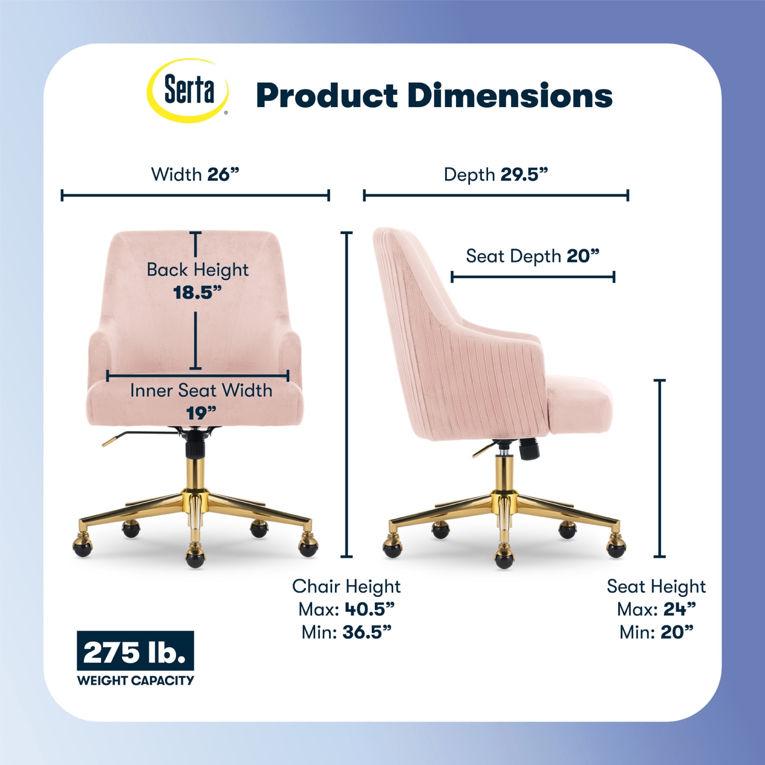 Serta Scarlett Ergonomic Fabric Mid-Back Home Office Chair, Pink - Image 4