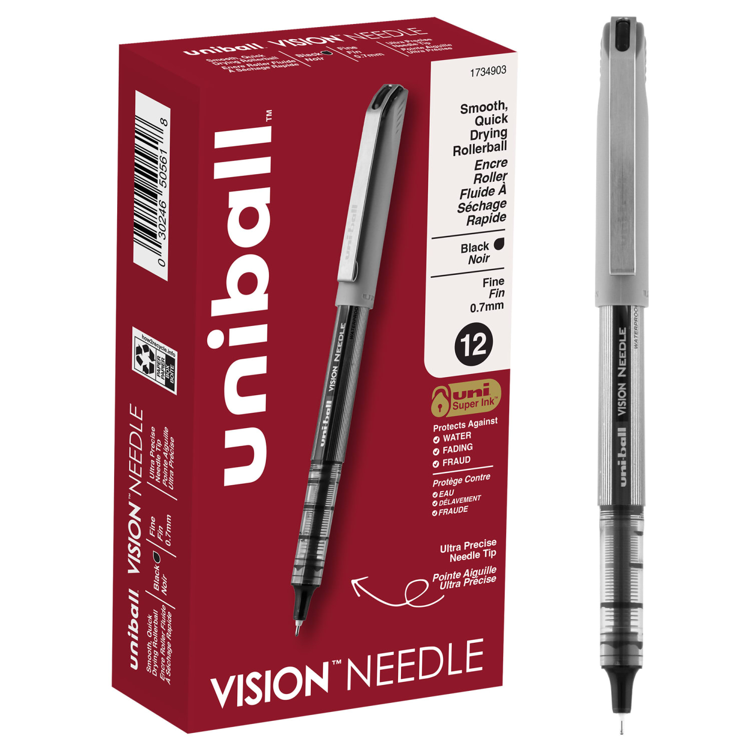 uni-ball Vision Needle Liquid Ink Rollerball Pens, Fine Point, 0.7 mm, Gray Barrel, Black Ink, Pack Of 12