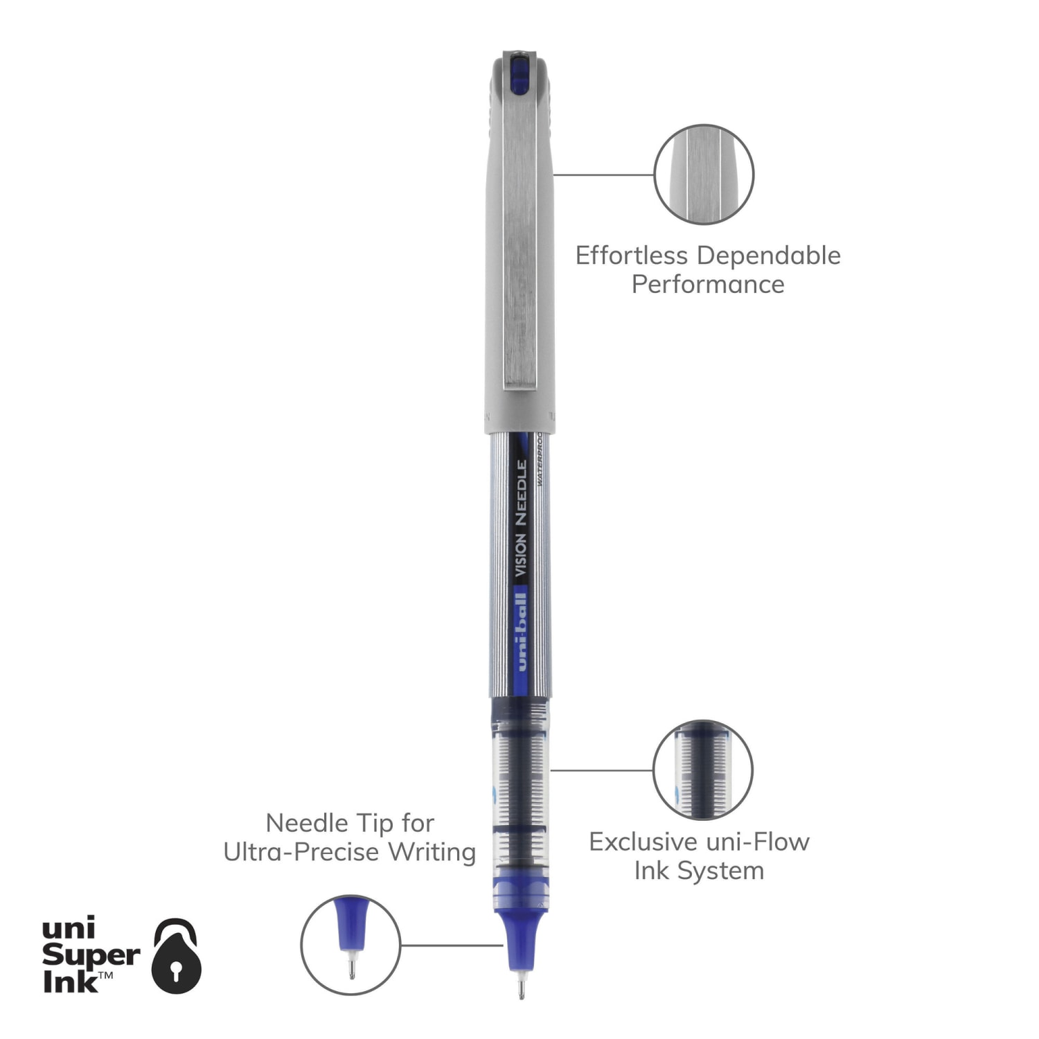 uni-ball Vision Needle Liquid Ink Rollerball Pens, Fine Point, 0.7 mm, Gray Barrel, Blue Ink, Pack Of 12 - Image 4