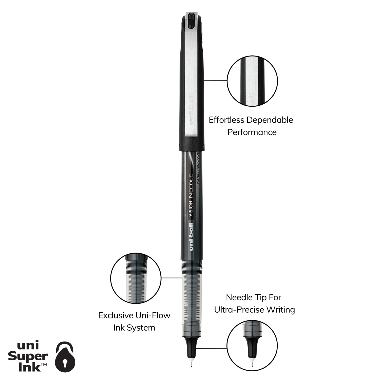 uni-ball Vision Needle Liquid Ink Rollerball Pens, Micro Point, 0.5 mm, Black Barrel, Black Ink, Pack Of 12 - Image 4
