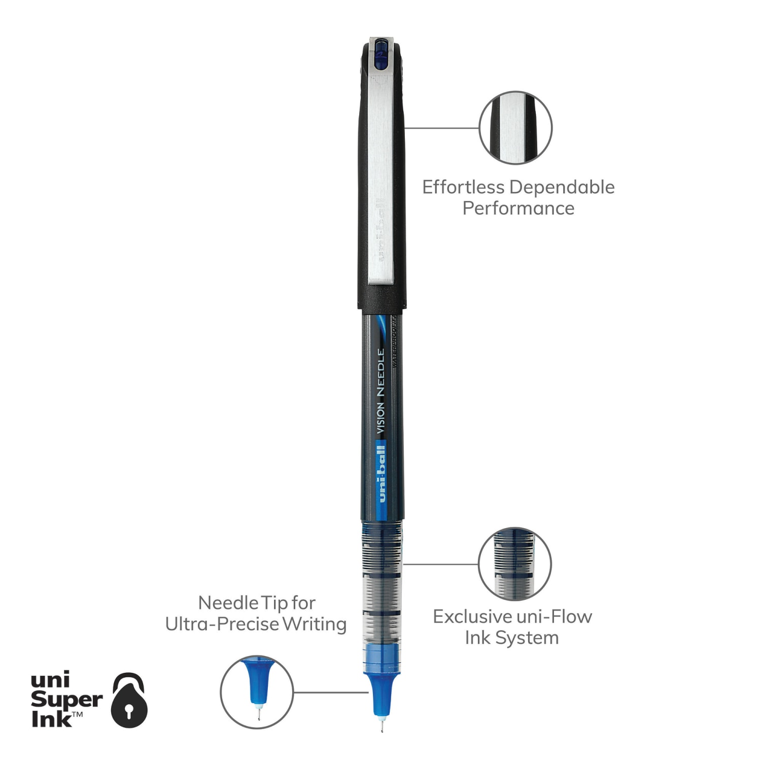 uni-ball Vision Needle Liquid Ink Rollerball Pens, Micro Point, 0.5 mm, Black Barrel, Blue Ink, Pack Of 12 - Image 4
