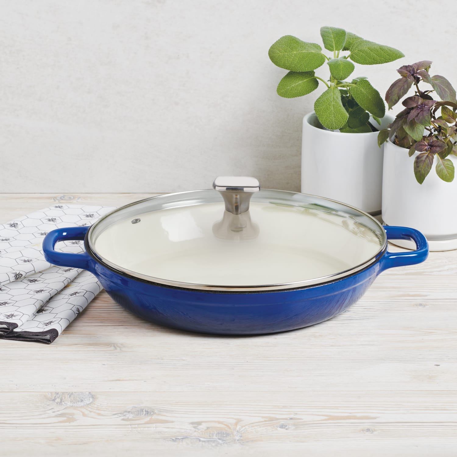 Masterpro Bergner 3.5-Quart Iron Braiser With Glass Lid, 12in, Blue - Image 6