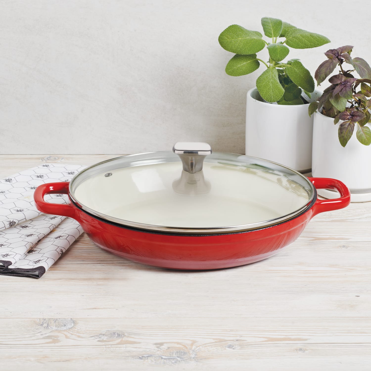 Masterpro Bergner 3.5-Quart Iron Braiser With Glass Lid, 12in, Red - Image 6