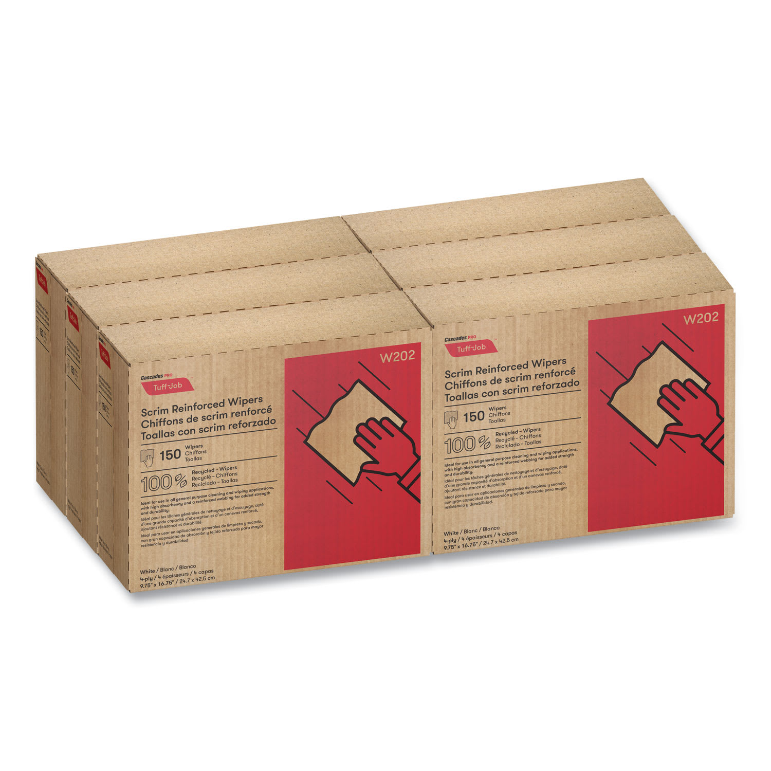 Cascades PRO Tuff-Job Scrim Reinforced Wipers, 4-Ply, 9.75 x 16.75, White, 150/Box, 6 Box/Carton - Image 6