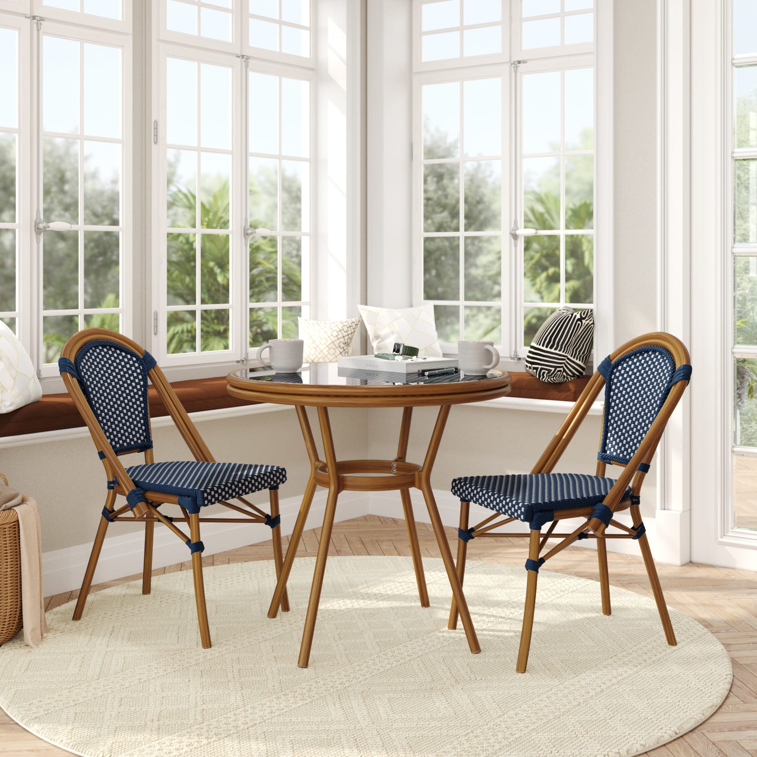 Flash Furniture Bordeaux Indoor/Outdoor Commercial Bistro 31.5in Table, PE Rattan, Glass Top with 2 Stack Chairs, Navy & White Rattan/Natural Frame - Image 3