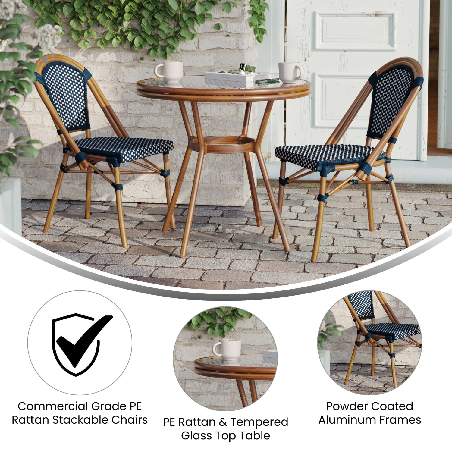 Flash Furniture Bordeaux Indoor/Outdoor Commercial Bistro 31.5in Table, PE Rattan, Glass Top with 2 Stack Chairs, Navy & White Rattan/Natural Frame - Image 4