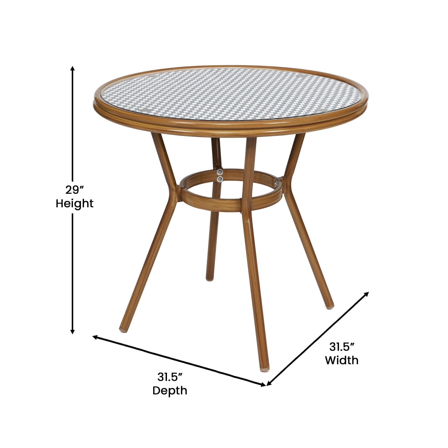 Flash Furniture Bordeaux Indoor/Outdoor Commercial Bistro 31.5in Table, PE Rattan, Glass Top with 2 Stack Chairs, Navy & White Rattan/Natural Frame - Image 6