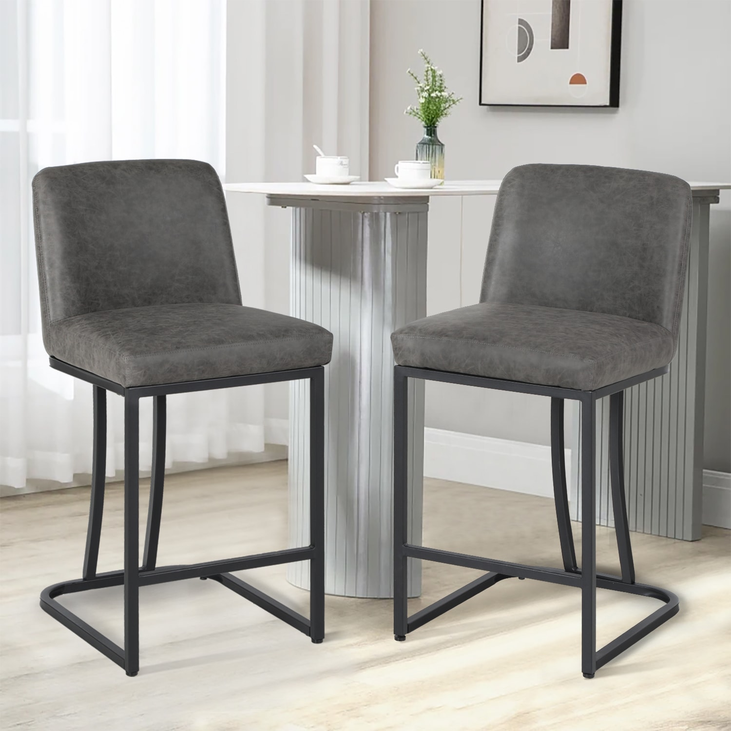 ALPHA HOME PU Leather Counter-Height Stools With Back, Gray, Set Of 2 Stools - Image 3