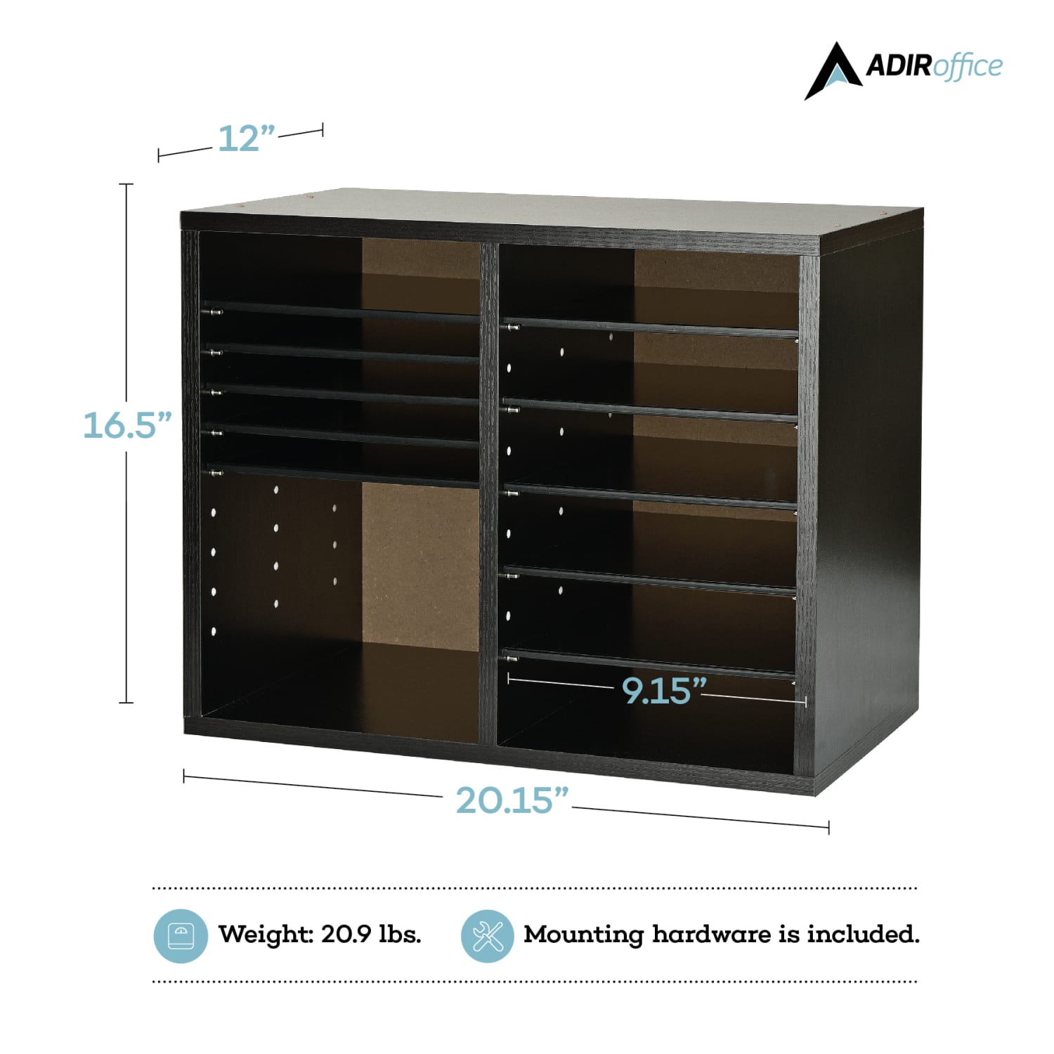 Alpine Adjustable 12-Compartment Literature Organizer, 16-5/16inH x 20inW x 11-13/16inD, Black - Image 3