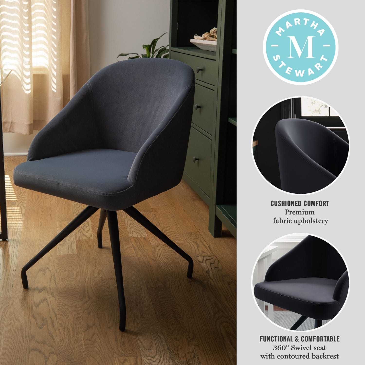 Martha Stewart Sora Upholstered Mid-Back Stationary Office Task Chair, Velvet, Gray/Oil-Rubbed Bronze - Image 4