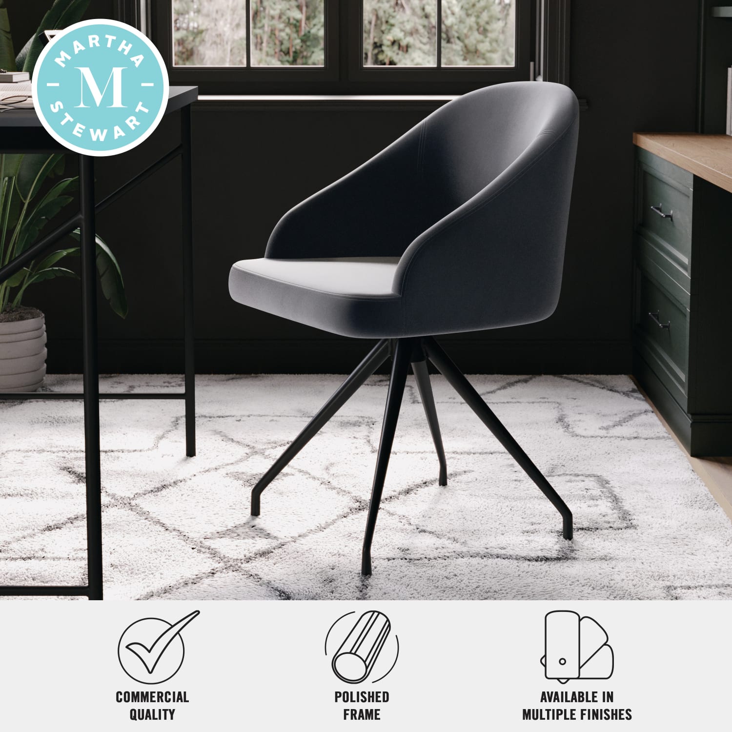 Martha Stewart Sora Upholstered Mid-Back Stationary Office Task Chair, Velvet, Gray/Oil-Rubbed Bronze - Image 5