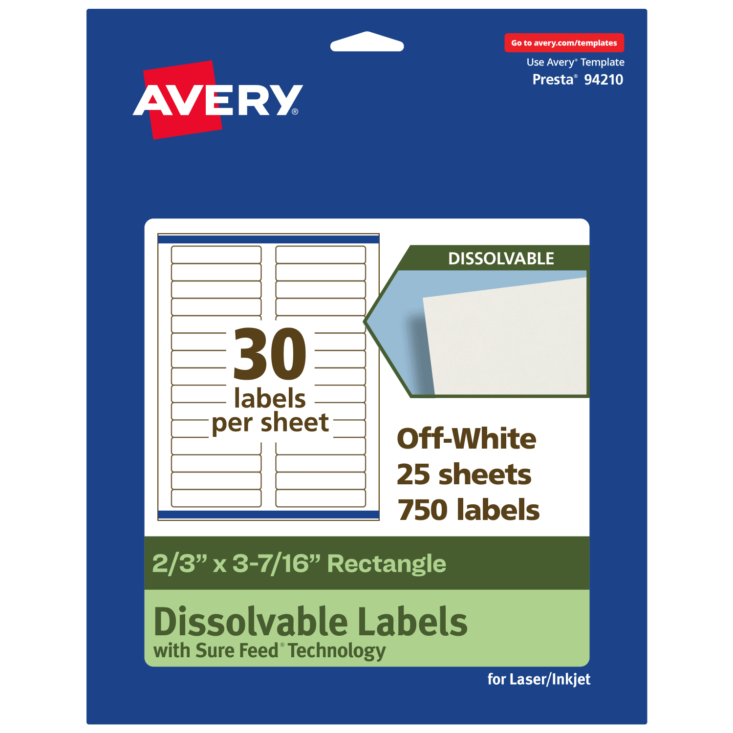 Avery Dissolvable Labels With Sure Feed Technology, 94210-DWMP25, Rectangle, 2/3inx3-7/16in, Matte Off-White, Pack Of 750