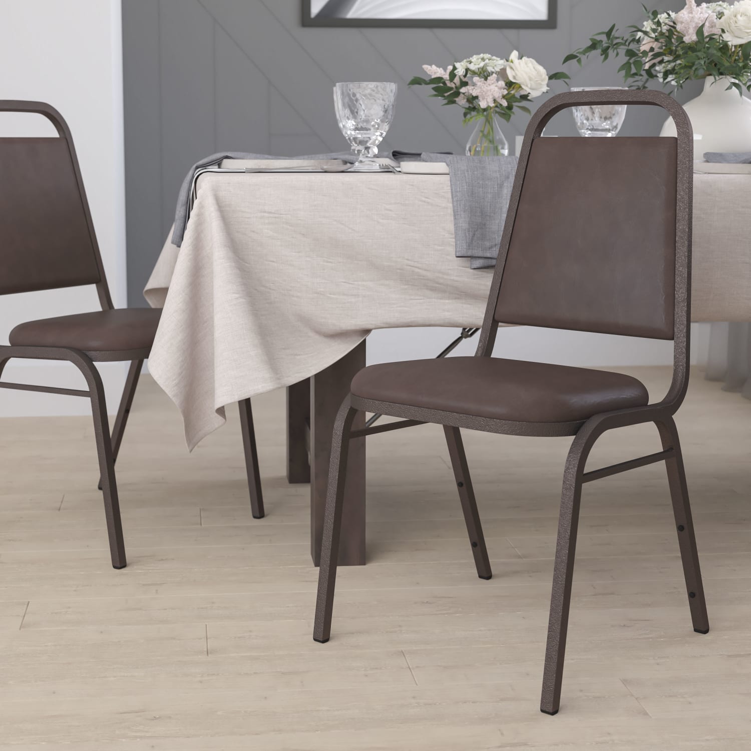 Flash Furniture HERCULES Series Trapezoidal Back Vinyl Stacking Banquet Chair with 15in Thick Seat Brown VinylCopper Vein Frame PopularChairscom Flash Furniture HERCULES Series Trapezoidal Back Vinyl Stacking Banquet Chair with 15in Thick Seat Brown VinylCopper Vein Frame PopularChairscom