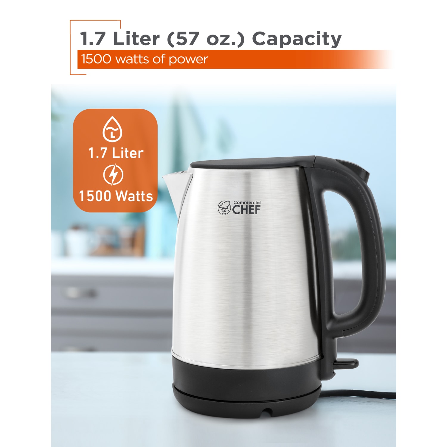 Commercial Chef 1.7L Stainless Steel Cordless Kettle, Silver - Image 3