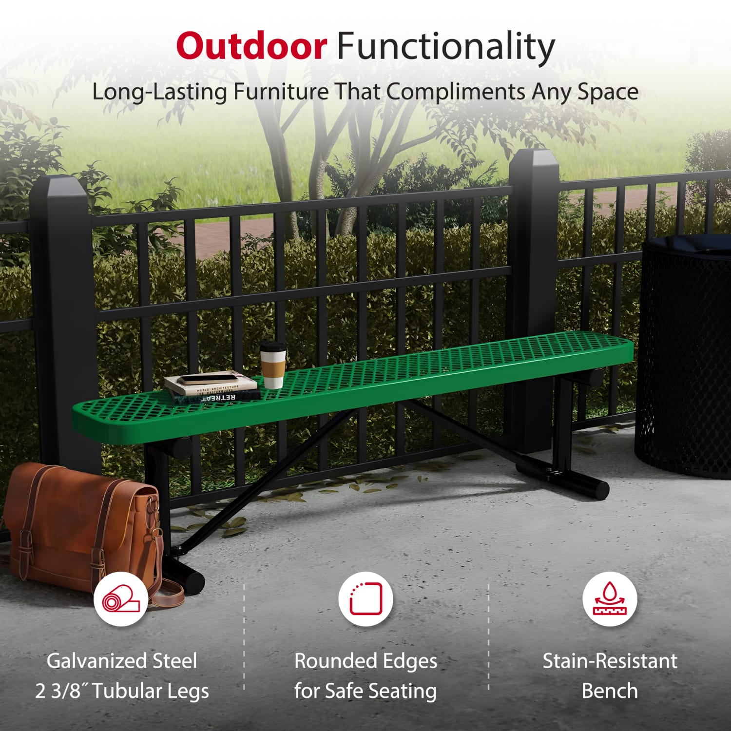 Leisure Craft Outdoor Bench, 18-3/8inH x 72inW x 15inD, Black/Green - Image 4