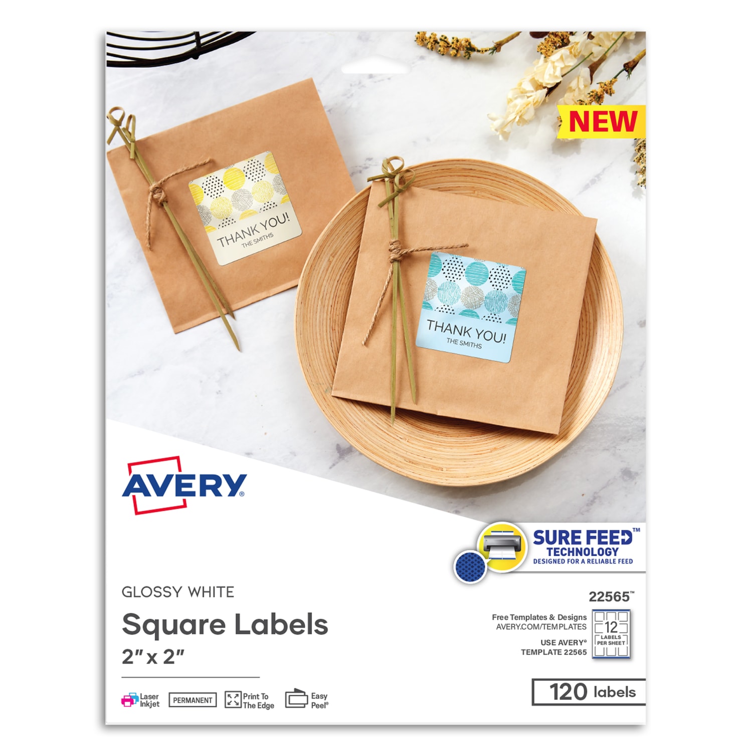 Avery Printable Square Labels, 22565, 2inW x 2inD, Glossy White, Pack Of 120 Labels