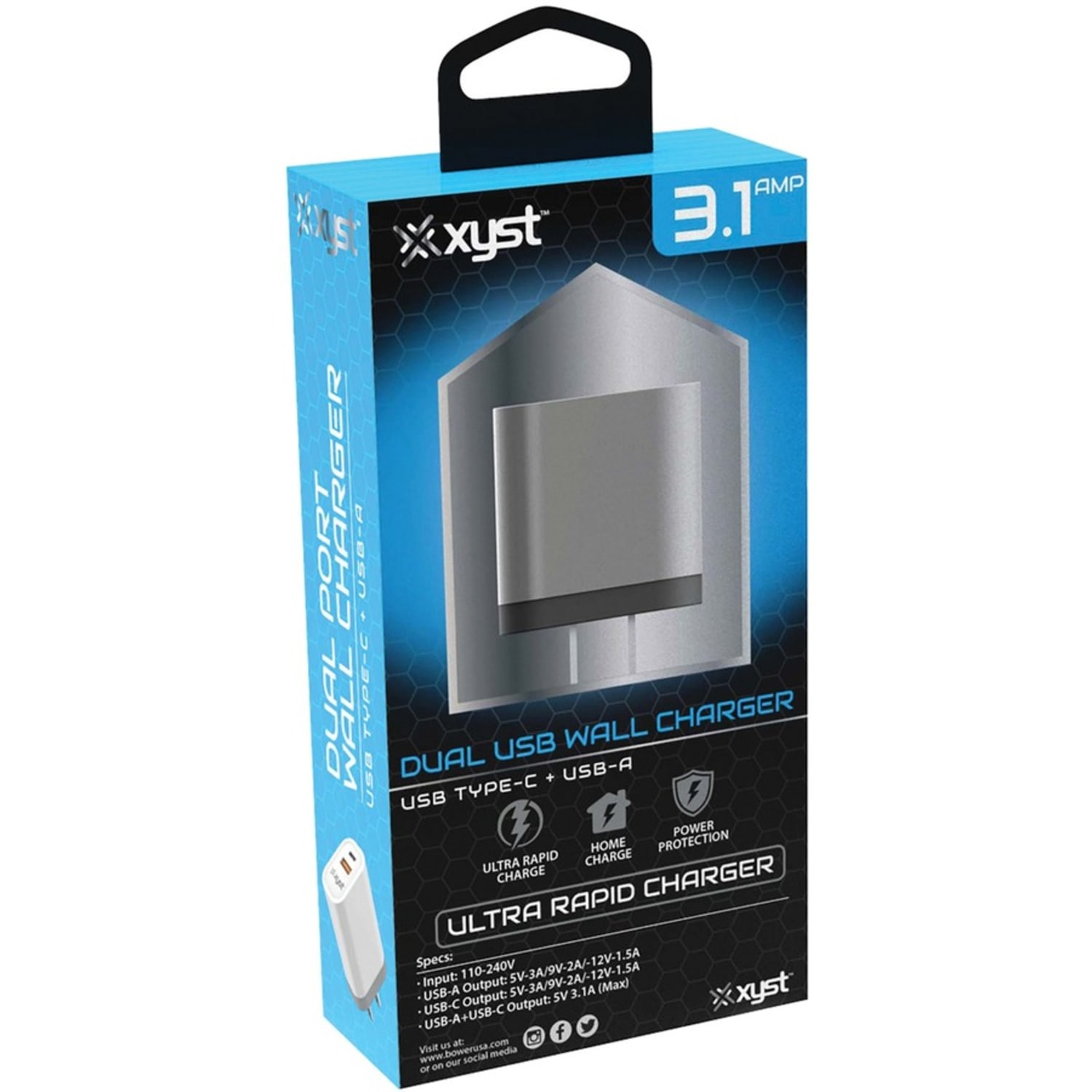 Bower XYST 3.4 Amp Dual USB Wall Charger with USB Port and USB Type C Port  120 V AC, 230 V AC Input  5 V DC, 9 V DC, 12 V DC Output  3.10 A  White - Image 6