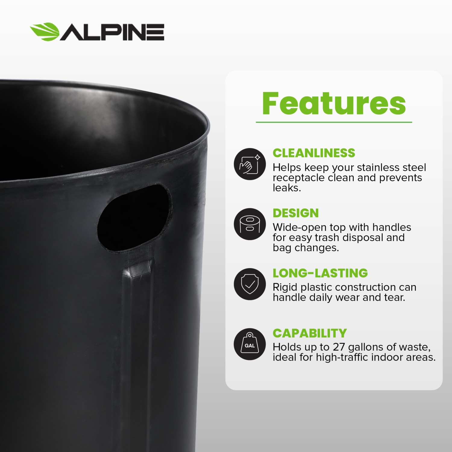 Alpine Industries 27 Gal. Plastic Waterproof Round Trash Can Insert Liner with Handles for Indoor Trash Can - Image 3