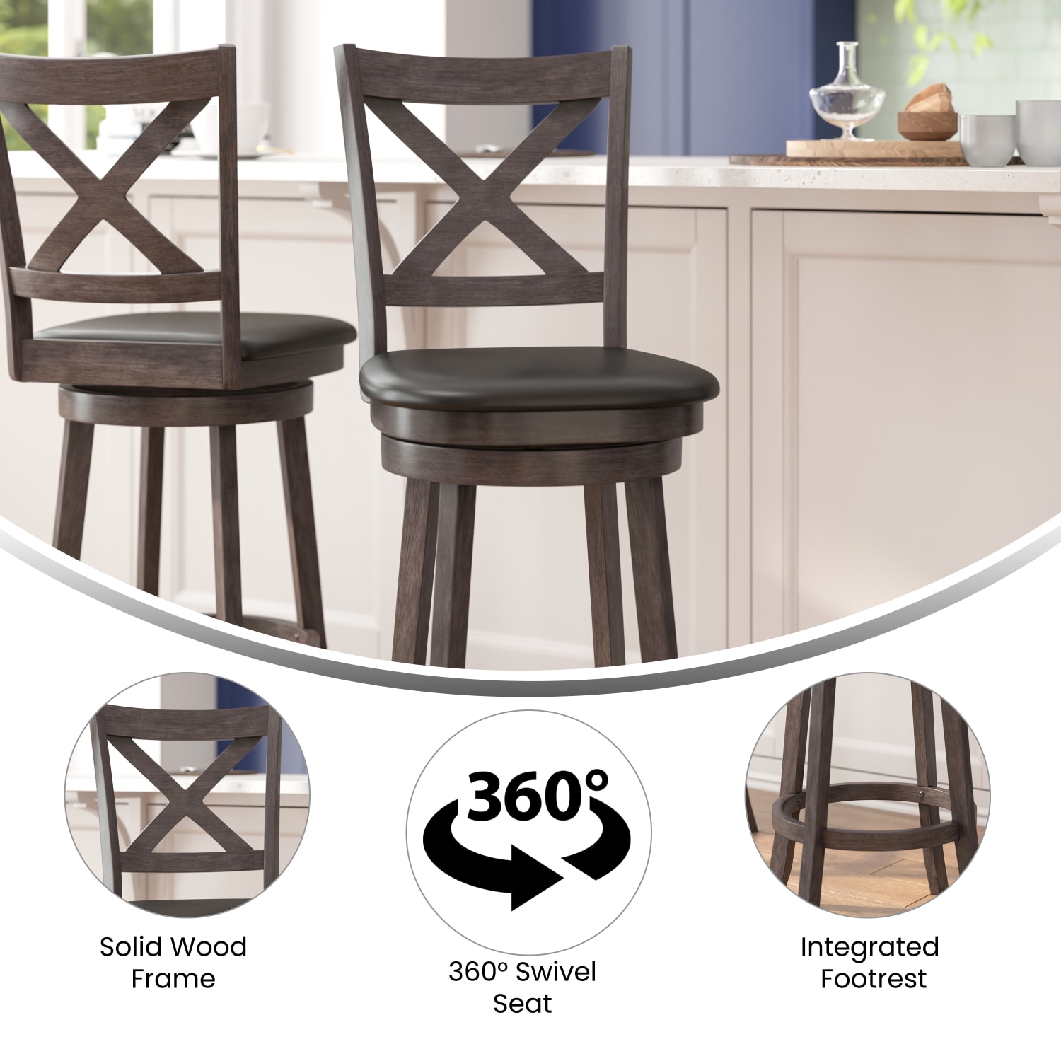 Flash Furniture Felicity Commercial Grade Wood Classic Crossback Swivel Bar Barstool with Padded Upholstered Seat Black VinylGray Wash Walnut Frame PopularChairscom
