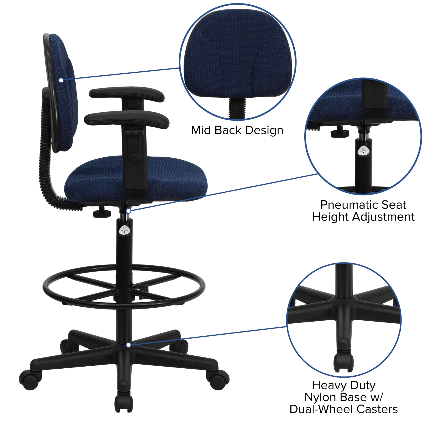 Flash Furniture Fabric Drafting Chair with Adjustable Arms Cylinders 225ft27ftH or 26ft305ftH NavyBlack PopularChairscom Flash Furniture Fabric Drafting Chair with Adjustable Arms Cylinders 225ft 27ftH or 26ft 305ftH NavyBlack PopularChairscom