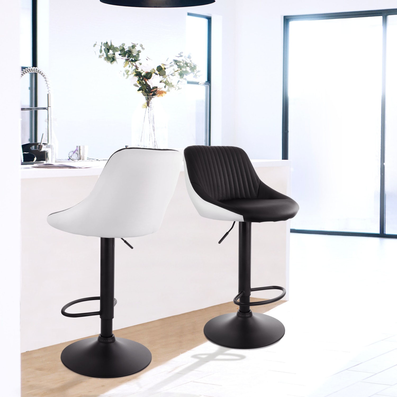Elama Faux Leather Adjustable Bar Stools, Black/White, Set Of 2 Stools - Image 3