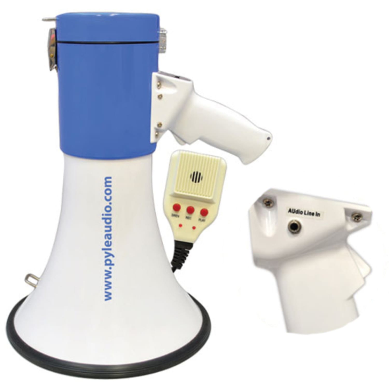 Pyle 50W Megaphone Bullhorn With Record/Siren/Talk Modes, 9-1/2inH x 9-1/4inW x 13-1/2inD, White/Blue - Image 3