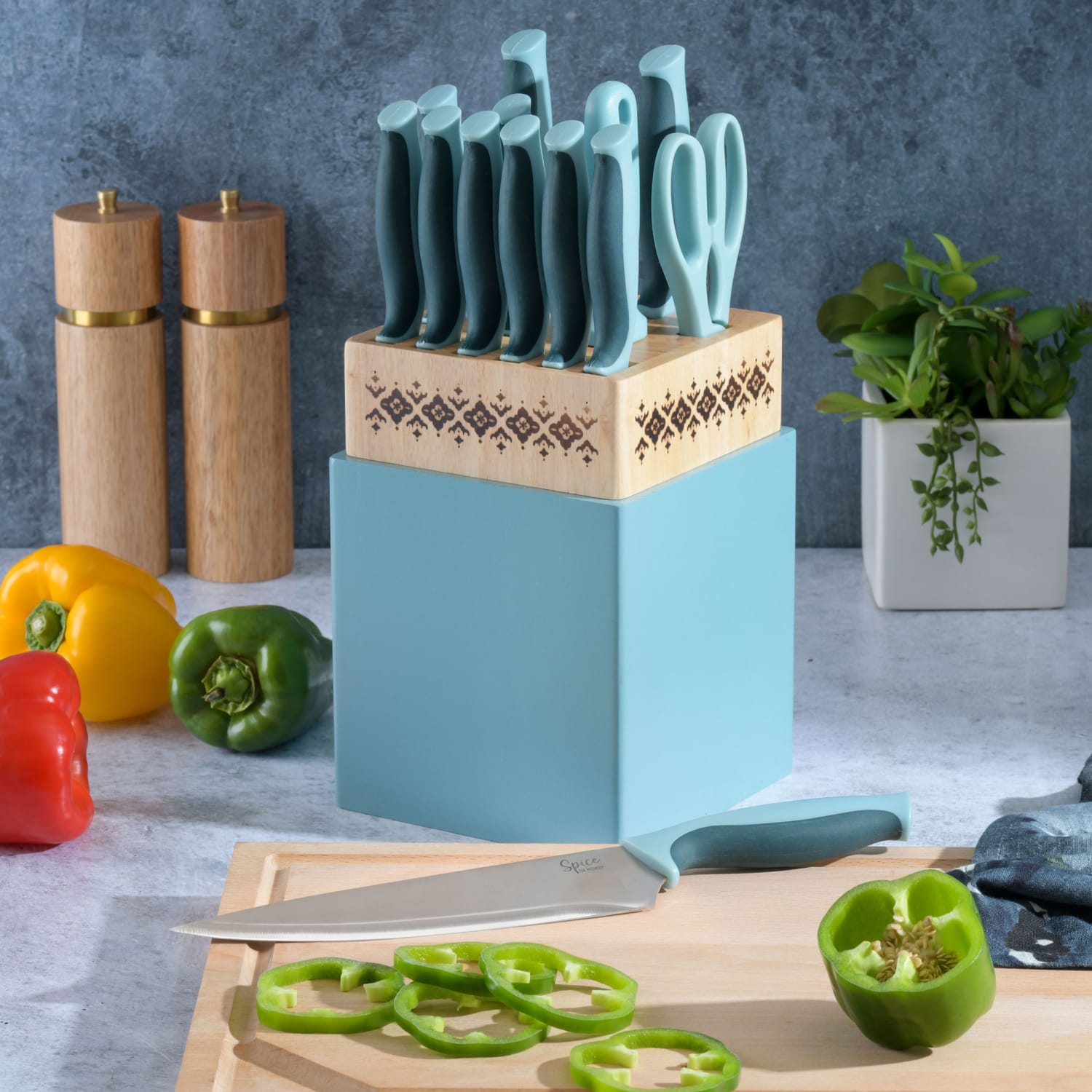 Spice by Tia Mowry Savory Saffron 14-Piece Stainless Steel Cutlery Set, Blue - Image 6