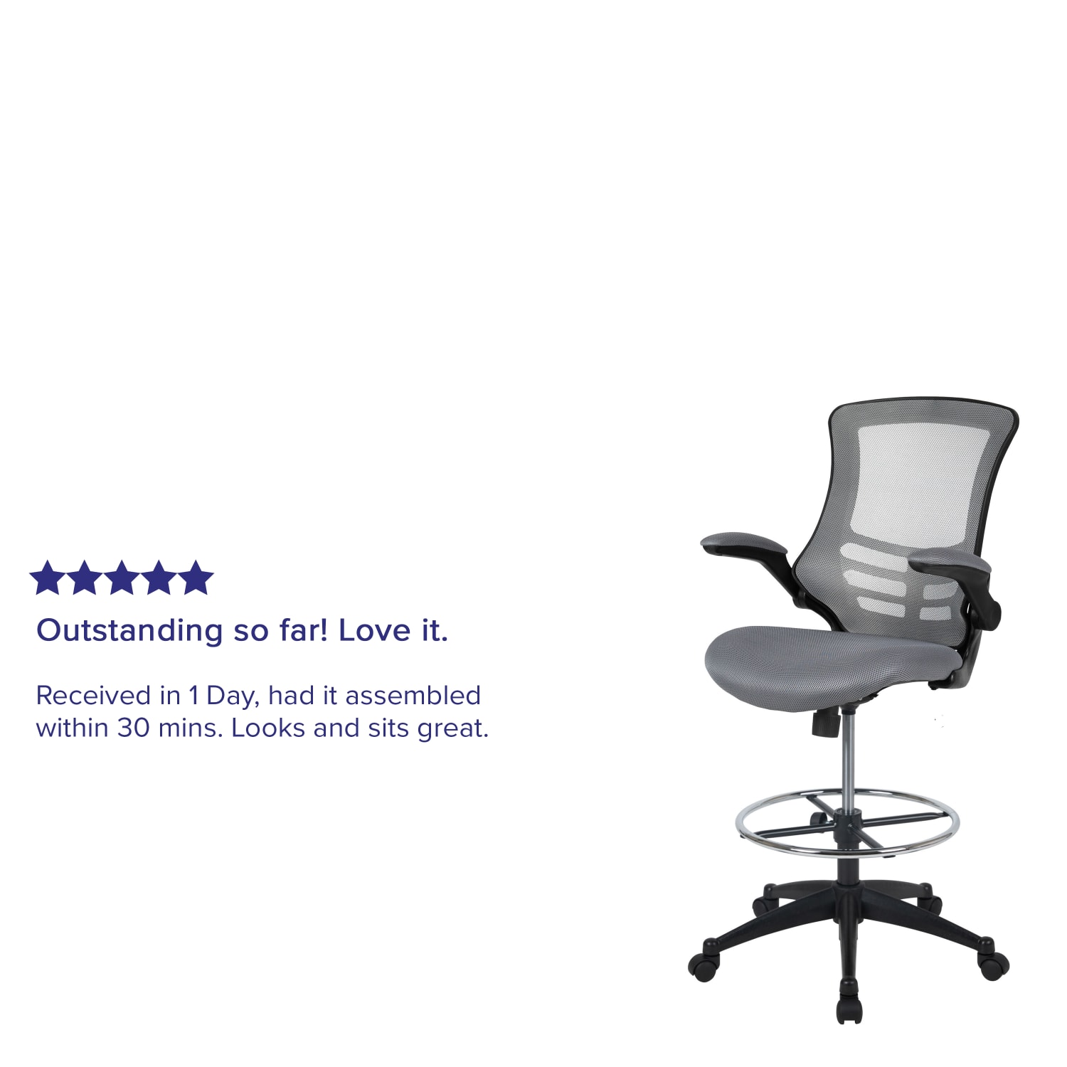 Flash Furniture Mid-Back Mesh Ergonomic Drafting Chair with Adjustable Foot Ring and Flip-Up Arms, Dark Gray - Image 5