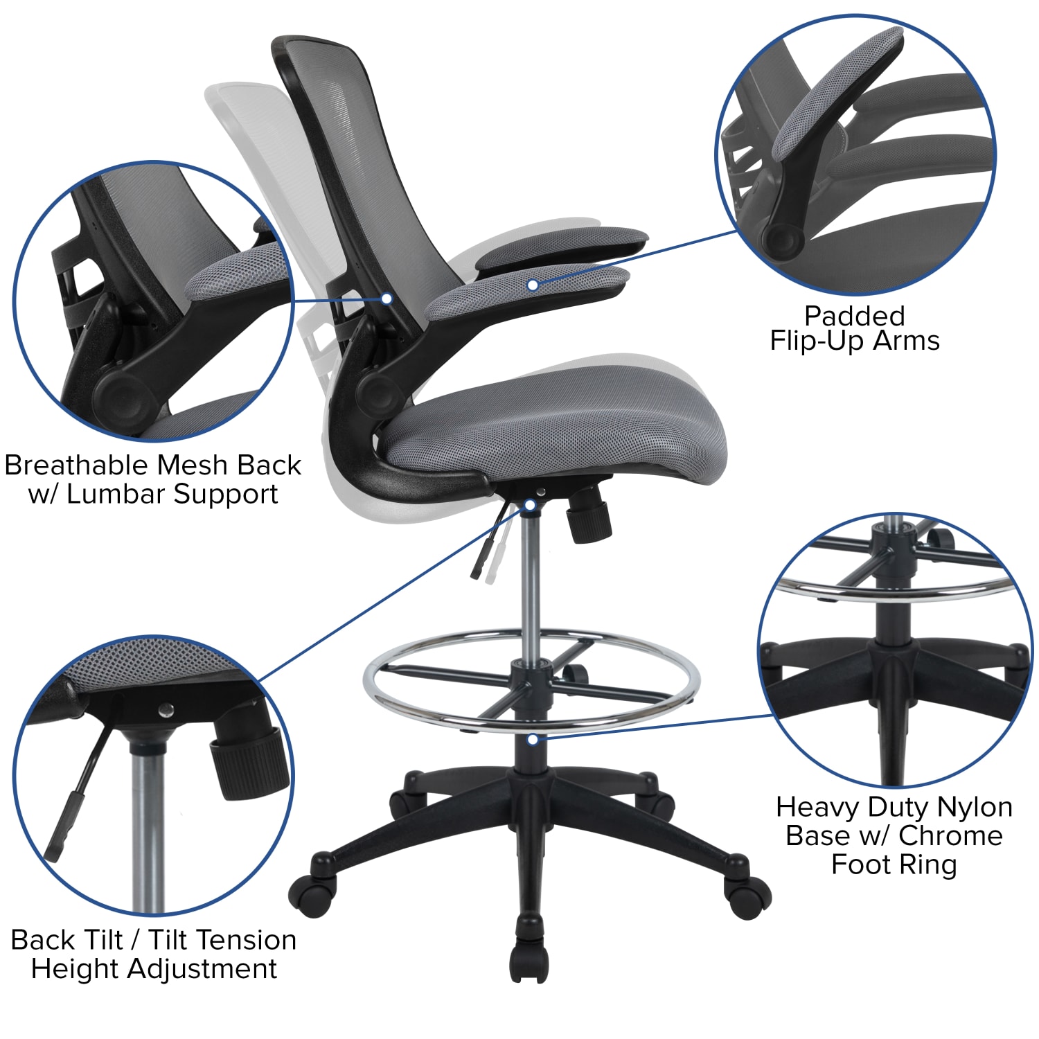 Flash Furniture Mid-Back Mesh Ergonomic Drafting Chair with Adjustable Foot Ring and Flip-Up Arms, Dark Gray - Image 6