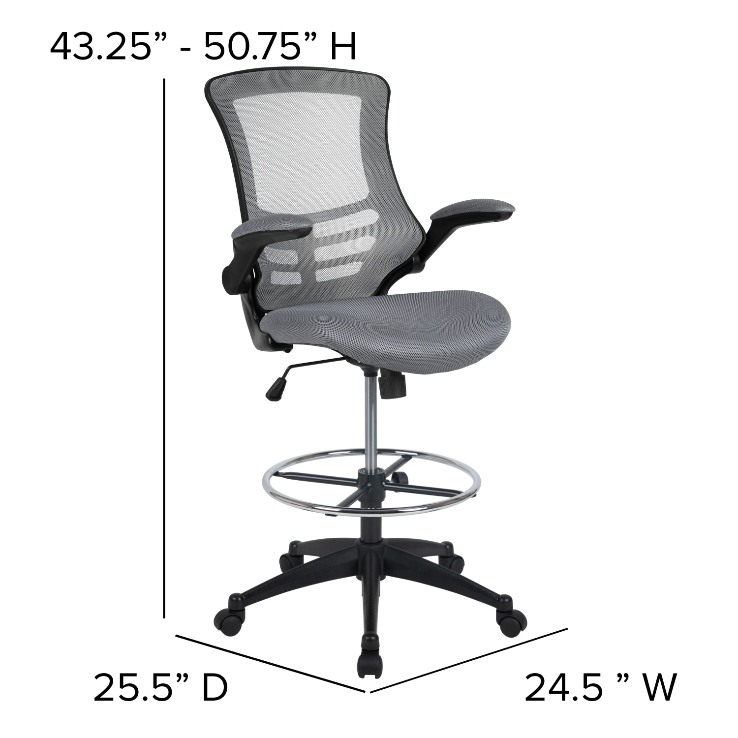 Flash Furniture Mid-Back Mesh Ergonomic Drafting Chair with Adjustable Foot Ring and Flip-Up Arms, Dark Gray - Image 7