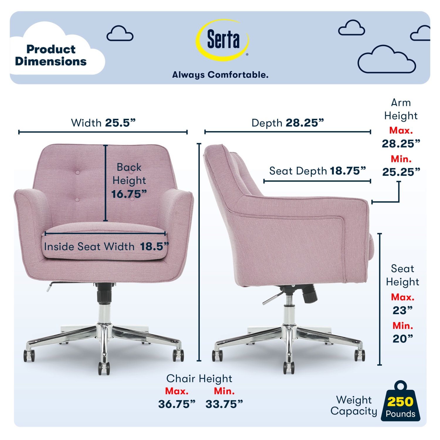Serta® Ashland Home Mid Back Office Chair Twill Fabric LilacChrome PopularChairscom
