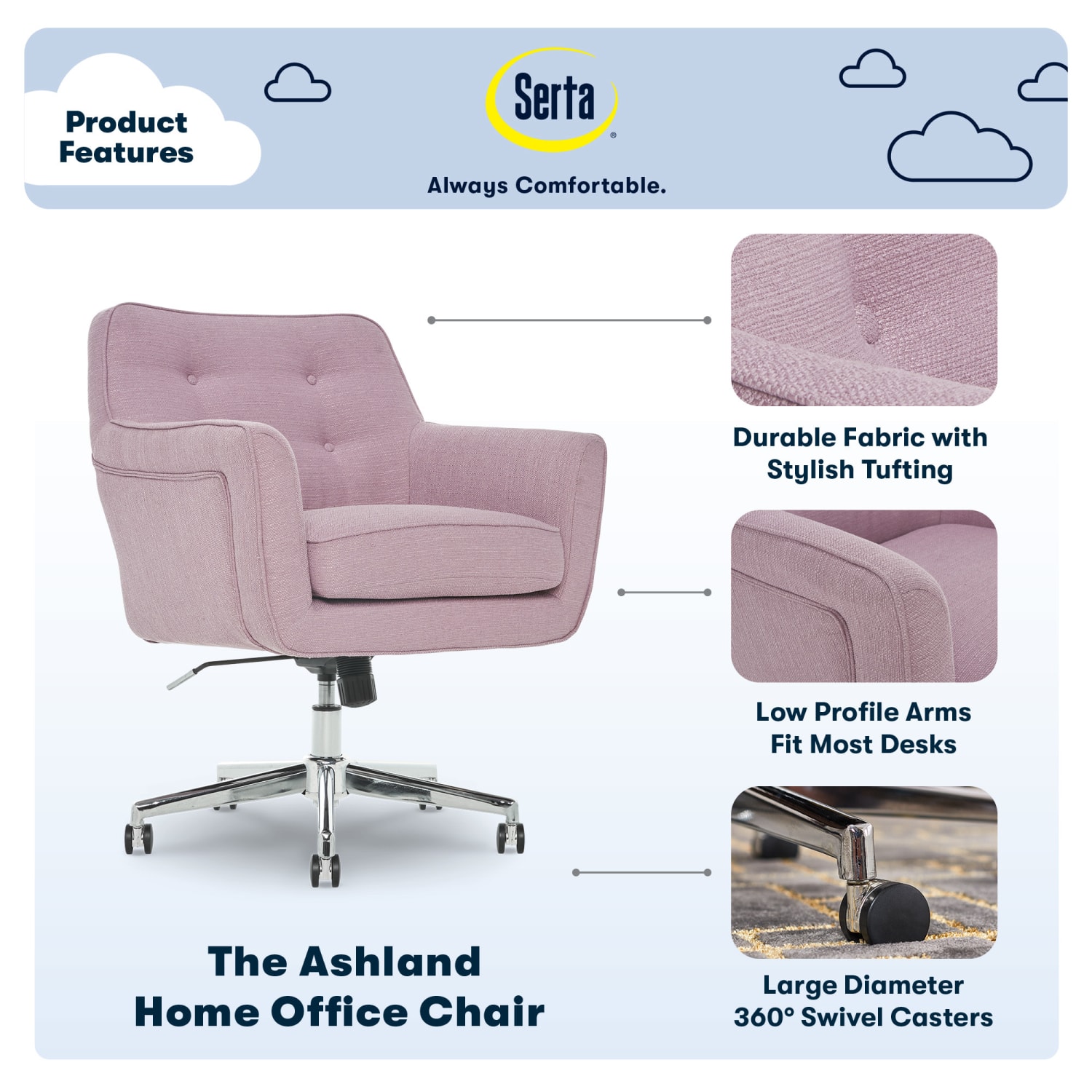 Serta Ashland Home Mid-Back Office Chair, Twill Fabric, Lilac/Chrome - Image 5