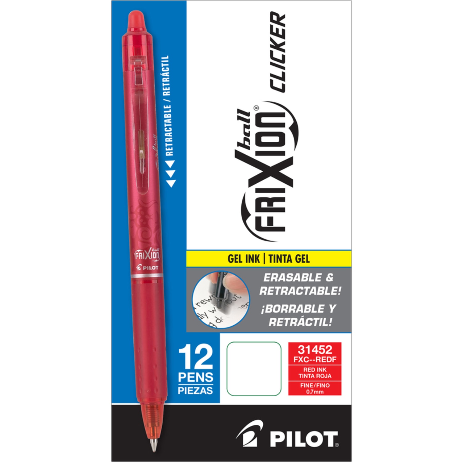 Pilot FriXion Ball Clicker Erasable Retractable Gel Pens, Pack of 12, Fine Point, 0.7 mm, Red Barrels, Red Ink - Image 6